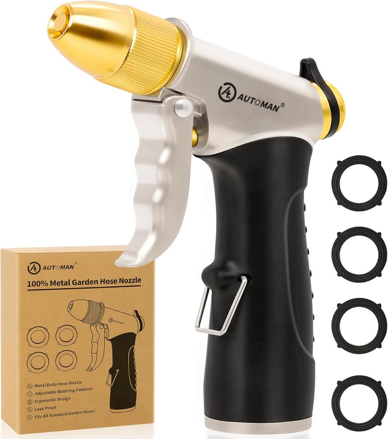 AUTOMAN Metal Hose Nozzle, High Pressure Garden Hose Sprayer, 100% Metal Water Hose Nozzle, Adjustable Watering Nozzle, Heavy Duty Garden Nozzle for Watering Plants & Lawns, Washing Cars & Pets - Image 1